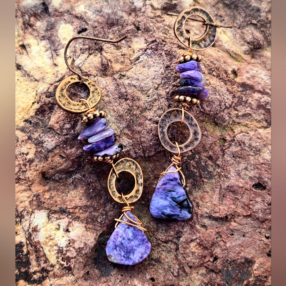 Siberian Forged Russian Purple Charoite & Hammered Antique Copper In Neolithic